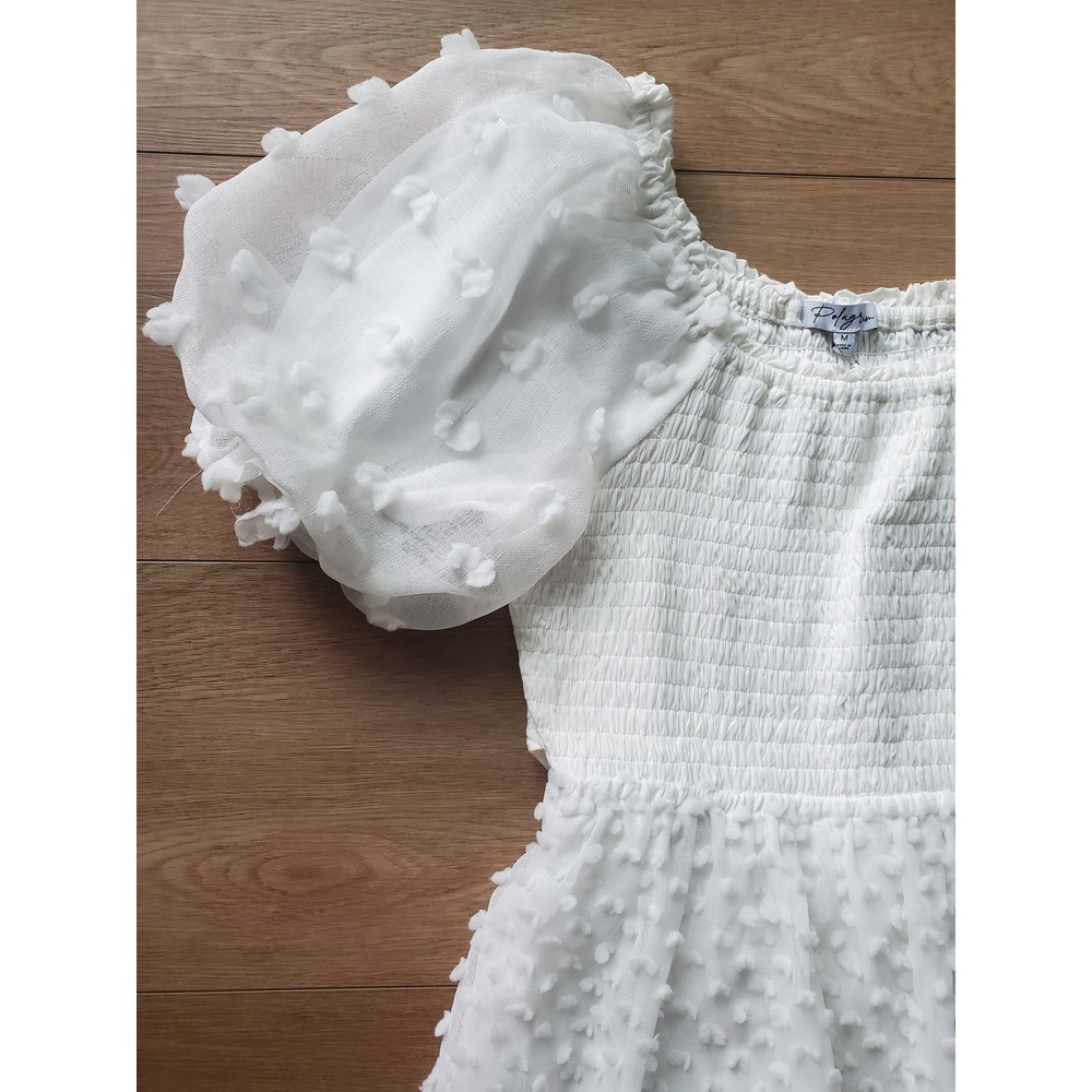 Polagram White Dot Smocked w/ Puff Sleeve Midi Dress Womens Medium NWT - Picture 6 of 16